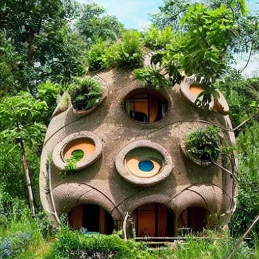 Image similar to beautiful overgrown modern Earthship home made from clay cob with permaculture garden, in the style of studio ghibli