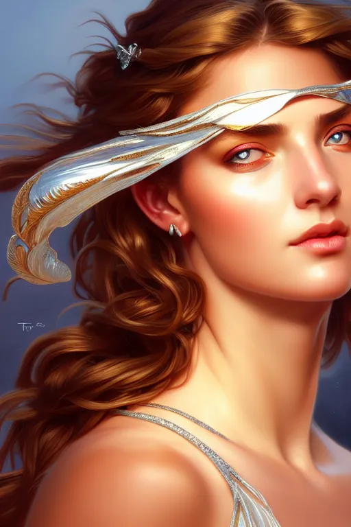 Image similar to portrait of beautiful greek goddess, eyes ablaze with silver fire, by terry o'neill intricate, elegant, highly detailed, digital painting, glistening skin, artstation, concept art, smooth, sharp focus, bright lighting, illustration, art by artgerm and greg rutkowski and alphonse mucha, 8 k