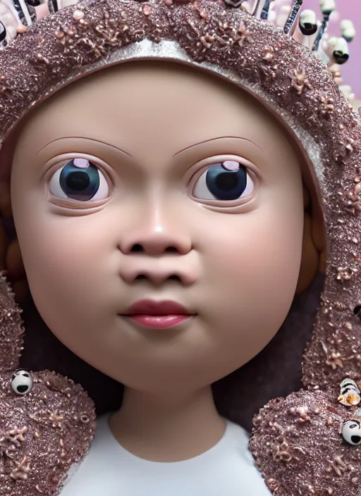 Image similar to closeup face profile portrait of tin toy greta thunberg as a nun princess wearing a crown eating cakes, bikini, depth of field, zeiss lens, detailed, symmetrical, centered, fashion photoshoot, by nicoletta ceccoli, mark ryden, lostfish, breathtaking, 8 k resolution, extremely detailed, beautiful, establishing shot, artistic, hyperrealistic, octane render