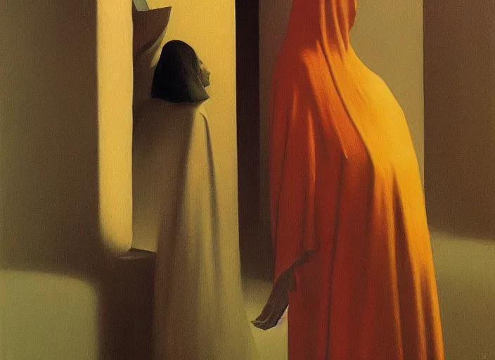 Prompt: woman with a paper bag over the head Edward Hopper and James Gilleard, Zdzislaw Beksinski, highly detailed