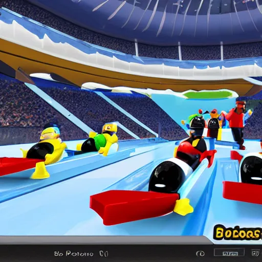 Prompt: photograph of a group of roblox avatars bobsledding in the olympics