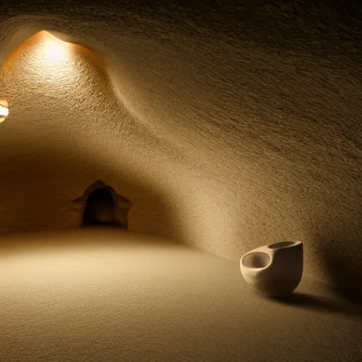 Image similar to japanese lamp inside a cave made of chalk, photorealistic rendering, atmospheric light, octane, redshift