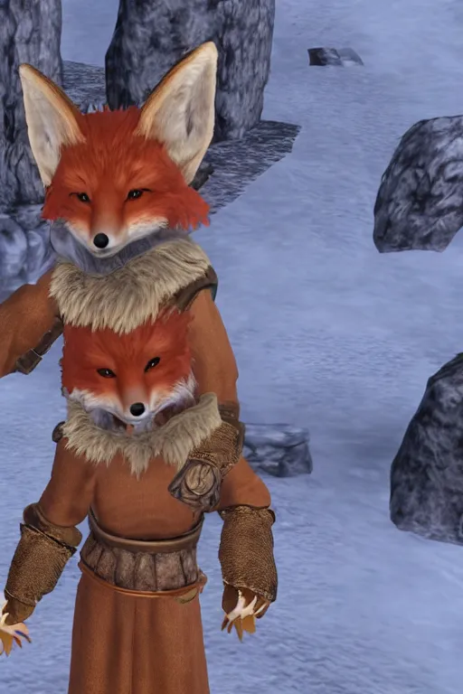 Prompt: a medieval anthropomorphic fox with a fluffy tail in skyrim