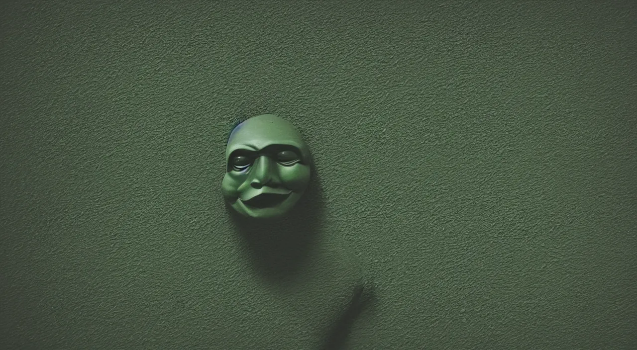 Prompt: dark shadowy green faint shadow humanoid trollface anonymous shadow on the wall 5 5 mm photography