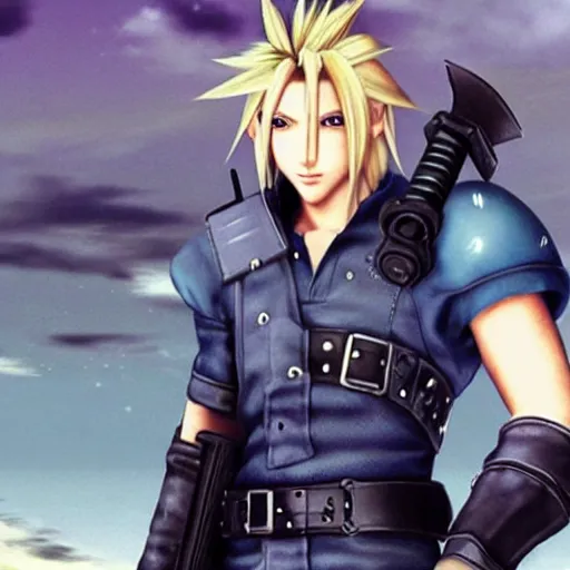 Image similar to Cloud Strife (1997) from Final Fantasy 7, GTA Cover Art, 4k 1080p,