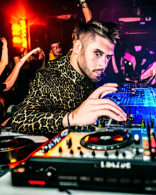 Prompt: a leopard dj photographer playing a set in a club