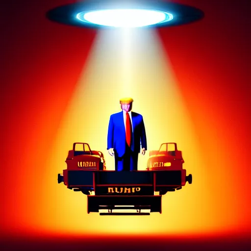 Image similar to Donald Trump! lifted up by a tractor beam from a UFO!!, Anamorphic Lens, Professional Photography, Volumetric Lighting, Keylight