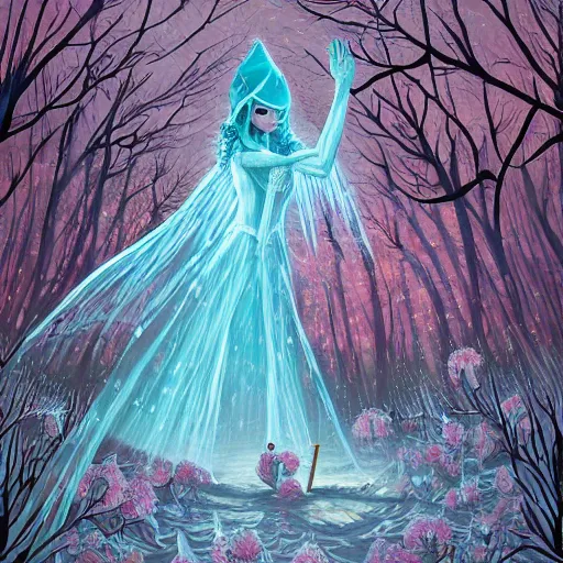 Image similar to Dan Mumford paint,a fantasy elf woman trapped and frozen trying to touch the hand of a human man who was frozen trapped with her, with frozen flowers