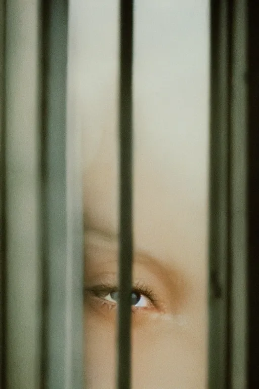 Image similar to kodak portra 4 0 0 photograph of a person looking out through their window, eyes, beautiful eyes, stunning eyes, close up, telephoto, faded effect, grain,