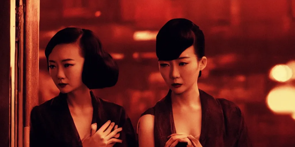 Prompt: style of wong kar - wai and in the mood for love, background blur, a killer back to the camera, nighttime, cinematic, movie scene, high details, vivid