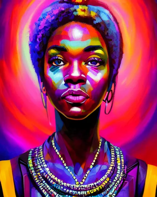 Image similar to colorful character portrait of a black female hippie 1 9 6 0 s vibe, set in the future 2 1 5 0 | highly detailed face | very intricate | symmetrical | cinematic lighting | award - winning | painted by mandy jurgens | pan futurism, dystopian, bold colors, cyberpunk, groovy vibe, anime aesthestic | featured on artstation