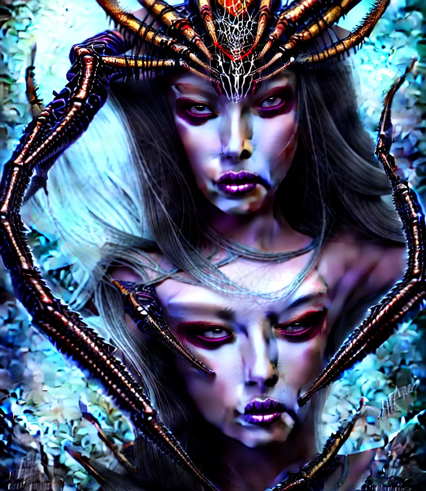 Image similar to close up portrait on the enchanting femenine queen of the zerg, hyper attractive, seductive, very complex, hyper-maximalist, overdetailed, legendary cinematic, darkfantasy, archetype with timeless beauty breathtaking eyes, her spider like legs spread evenly around her framing the image, collossal alien ship in the sky behind her, highly intricate, digital art, very elegant, HDR 8K, biblical art, realism, incomprehensible yet perspicious detail, unbeatable quality, silent hill aesthetic, photorealistic, lifelike, DSLR 8k, unbeatable coherency, Omnious intricate, octane render, created Nixeu & z--ed from deviantart