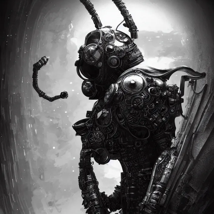 Image similar to a vertical portrait of a character in an spaceship by nihei tsutomu, black and white, dreamy, steampunk armor, highly detailed, 3 d render, vray, octane, realistic lighting