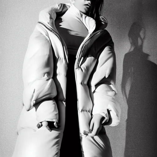 Image similar to well lit fashion shoot portrait of extremely beautiful female marble statue wearing huge over size puffer jacket by dingyun zhang, yeezy, balenciaga, vetements, a cold wall, sharp focus, clear, detailed,, cinematic, detailed, off white, glamourous, symmetrical, vogue, editorial, fashion, magazine shoot, glossy