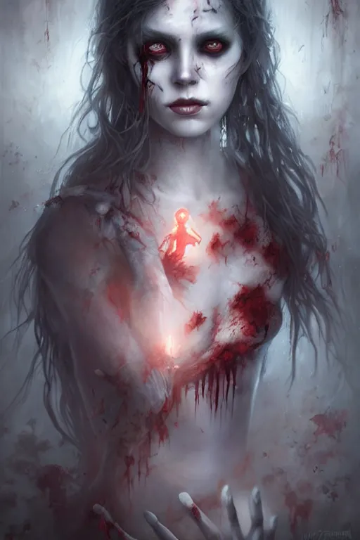 Image similar to a hauntingly beautiful zombie girl, painted by artgerm and tom bagshaw, fantasy art, dramatic lighting, highly detailed digital art