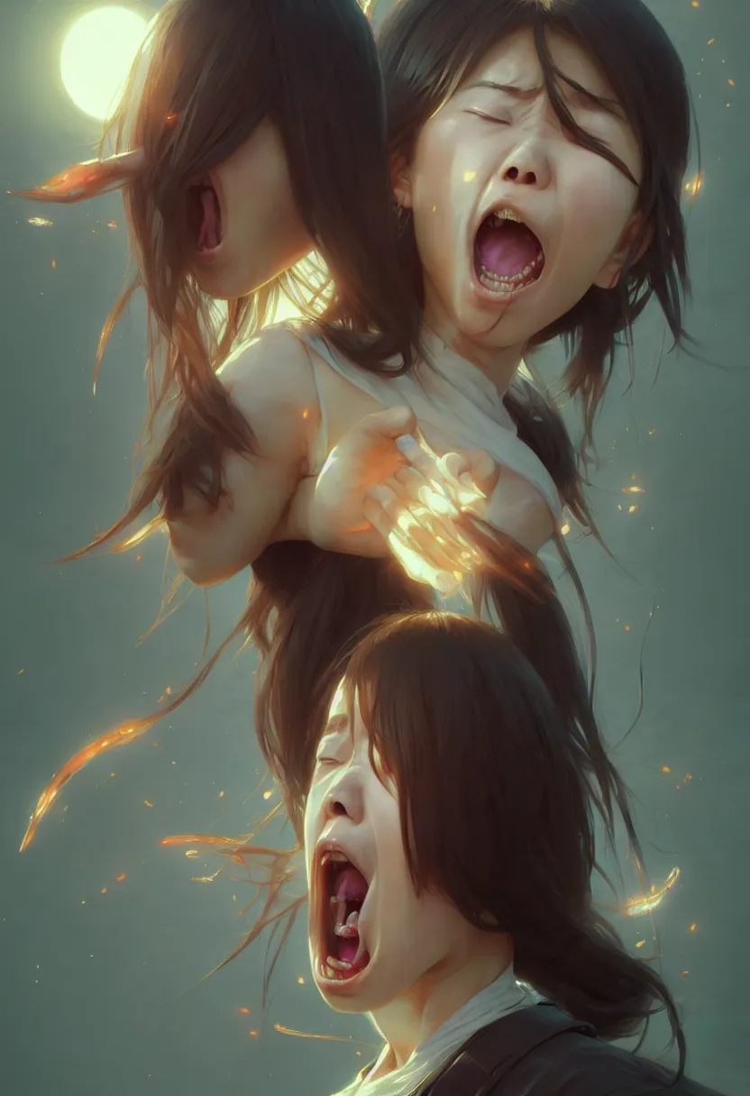 Prompt: beautiful render, futuristic cute japanese teenager screaming in anger and frustration, intricate, elegant, highly detailed, digital painting, artstation, concept art, smooth, sharp focus, octane render, dramatic lighting, art by artgerm and greg rutkowski and alphonse mucha and wlop