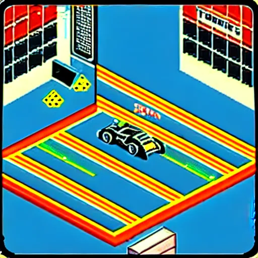 Prompt: isometric formula 1 game 1990s