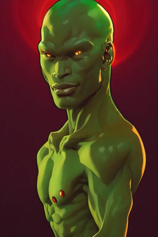 Prompt: a portrait of martian manhunter, fantasy, sharp focus, intricate, elegant, digital painting, artstation, matte, highly detailed, concept art, illustration, ambient lighting, art by ilya kuvshinov, artgerm, alphonse mucha, and greg rutkowski