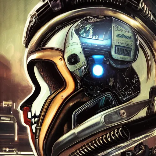 Image similar to a portrait of an cyborg vintage skull in a racing helmet by sandra chevrier, detailed render, epic composition, cybernetics, 4 k realistic, cryengine, realistic shaded lighting, sharp focus, masterpiece, by matteo scalera, gary montalbano, peter elson in the style of the tokyo ghost comic