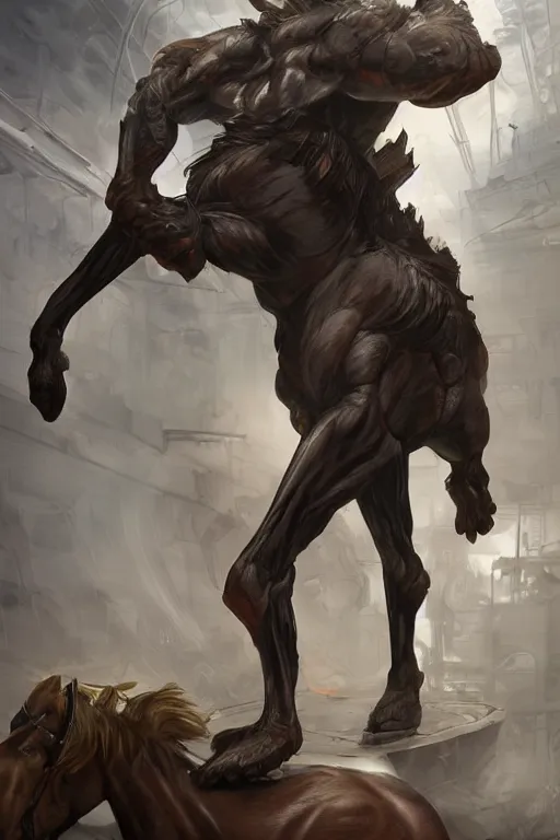 Prompt: splash art of a monstrously buff and muscular anthro horse male test subject at a research facility of experimental combat troopers, experimental tight bodysuit, full body, highly detailed, digital painting, trending on artstation, concept art, sharp smooth focus, illustration, art by artgerm and greg rutkowski and alphonse mucha