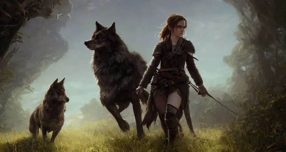 Prompt: wide shot of Emma Watson as a D&D Ranger with two wolves, trending on artstation, illustration, cgsociety, 8k, cinematic art by Greg Rutkowski and Thomas Kinkade and William O'Connor