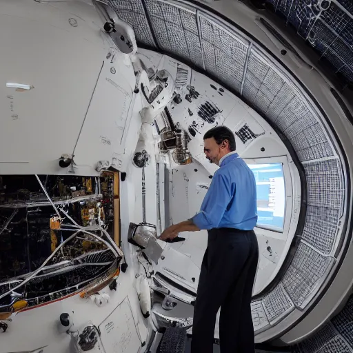 Image similar to Mr Bean carefully working on delicate spacecraft components, 8k photography