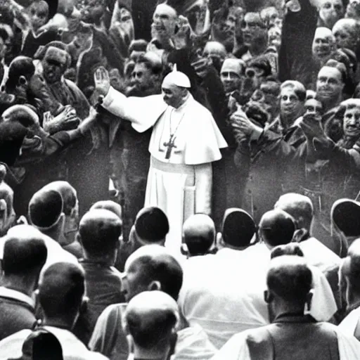 Prompt: the pope giving out communion to a large group of armed fascists in the 1930s, 8k