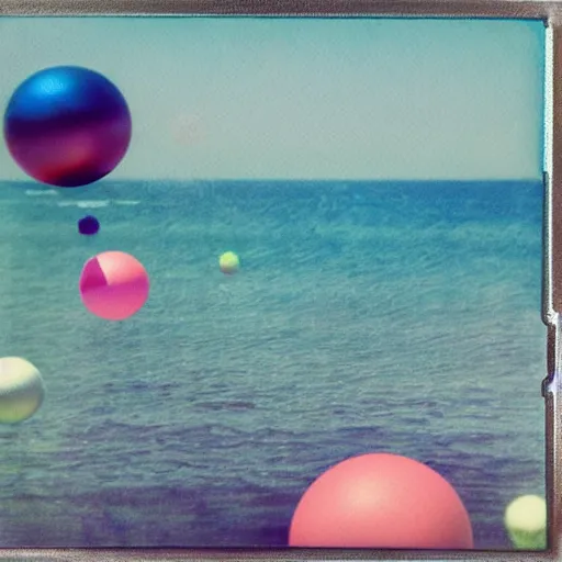 Prompt: a pastel colour high fidelity Polaroid art photo from a holiday album at a seaside with abstract inflatable parachute furniture and spheres, all objects made of transparent iridescent Perspex and metallic silver, no people, iridescence, nostalgic