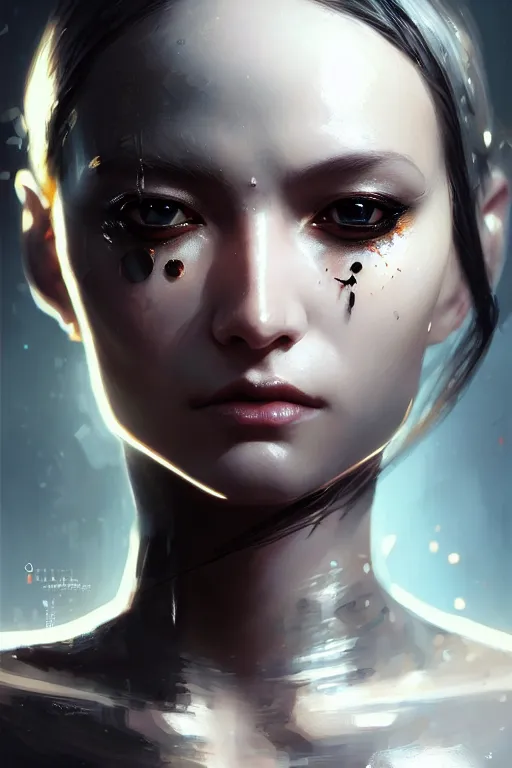 Image similar to beautiful female android in distress!, black shiny eyes, half portrait, background explosion, intricate detailed environment, floro details, intricate, elegant, highly detailed, digital painting, artstation, concept art, smooth, sharp focus, illustration, art by brian sum, greg rutkowski