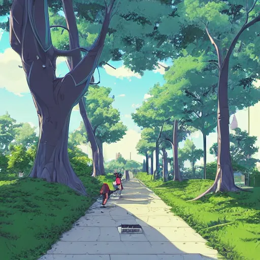 Prompt: private academy entrance, boulevard, dense trees, building in the distance, overhanging branches, long road, cel - shading, 2 0 0 1 anime, flcl, jet set radio future, the world ends with you, god rays, cel - shaded, strong shadows, vivid hues, y 2 k aesthetic, art by artgerm