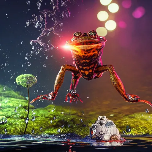 Image similar to amphibious toad mech stepping out of a pond with a lazer rifle dripping water. film still. brightly lit scene. this 4 k hd image is trending on artstation, featured on behance, well rendered, extra crisp, features intricate detail, epic composition and the style of unreal engine, national geographic, bandai box art.