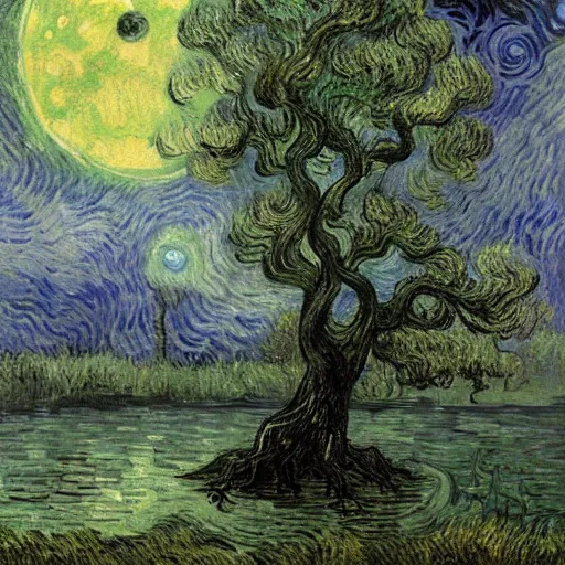 Image similar to highly realistic scenic painting of a towering misty dark fantasy forest surrounding a pond, a rusalka sits on the roots of an ancient tree looking up at the moon, spooky fog, looming trees, beautiful fantasy painting hd, painting by van gogh