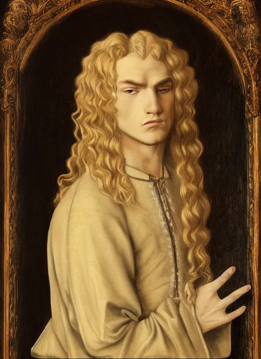 Image similar to portrait of a blond handsome man with long hair in renaissance style, anime inspired, High Res 8K,hyperdetailed