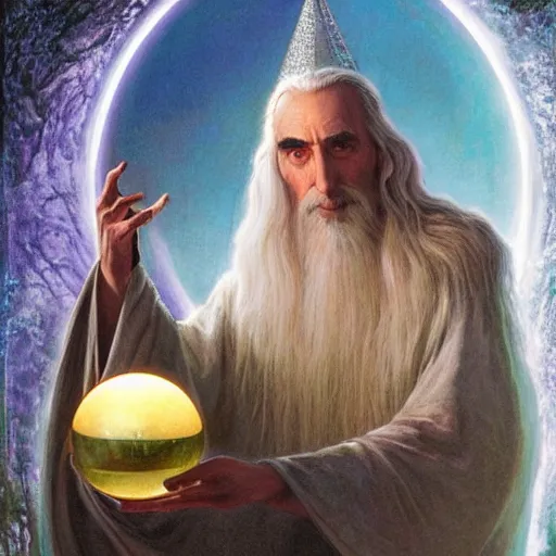 Image similar to majestic Saruman the wise white shimmer wizard gazing at dark Palantir crystal ball by Mark Brooks, Donato Giancola, Victor Nizovtsev, Scarlett Hooft, Graafland, Chris Moore