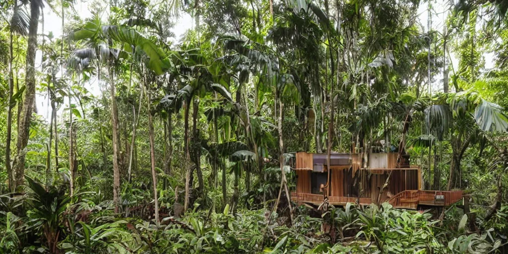 Image similar to a dream recording studio in the jungle by james gurney