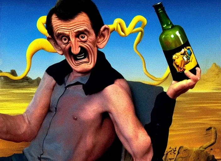 Image similar to barry chuckle chugging a bottle of snake oil, artwork by richard corben, 3 d, high resolution 8 k