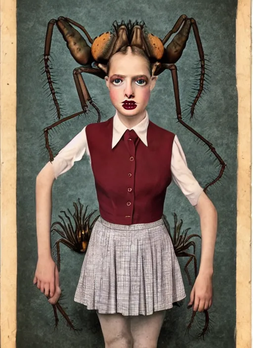 Prompt: surreal portrait of a girl whose head is a tarantula and whose body is dressed in a 1950s school dress, inspired by Mark Ryden and Marion Peck, hints of Cronenberg