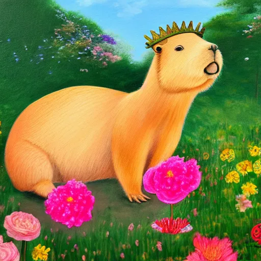 Prompt: anatomically correct capybara wearing a light pink cape and a encrusted golden crown, in a beautiful flower garden, oil painting