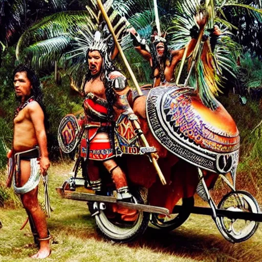 Image similar to Maori warrior on ancient motorcucle with drone by david lachapelle, old photo, vintage