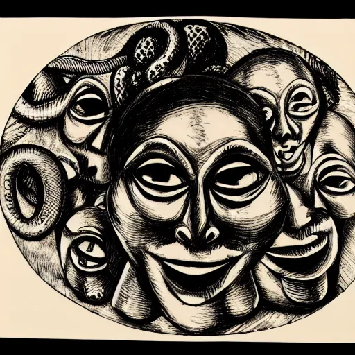 Image similar to an ink drawing of eerie comedy and tragedy theater masks circled by a snake, cracked, elaborate detail, shape of a circle, circular shape
