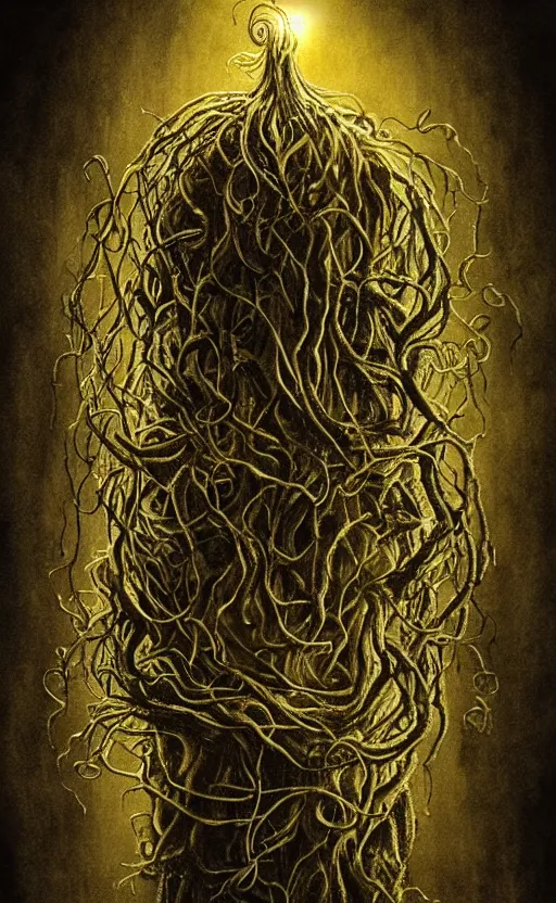 Image similar to portrait of lovecraftian onion surrounded by beams of light dark background by wayne barlow, stanley donwood, anton semenov, zdzislaw bekinski, hr giger, 8 k, fantasy, dark, highly detailed