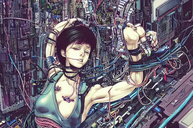 Image similar to an intricate, awe inspiring cyberpunk illustration of a female android body lying open on a labor floor, wires and cables coming out, by masamune shirow and katsuhiro otomo ((colorful))