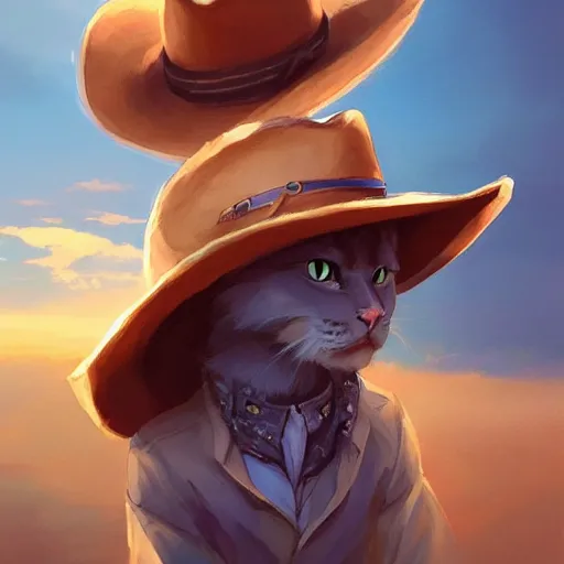 Prompt: a cowboy cat with a cowboy hat, Russian blue cat. By Makoto Shinkai, Stanley Artgerm Lau, WLOP, Rossdraws, James Jean, Andrei Riabovitchev, Marc Simonetti, krenz cushart, Sakimichan, trending on ArtStation, digital art.