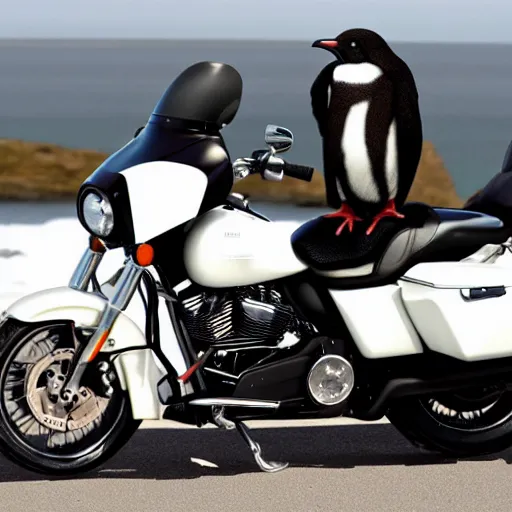 Prompt: pinguin on a Harley Davidson on the road, funny picture