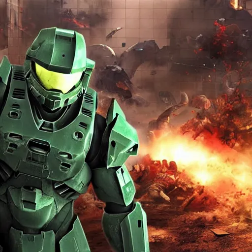 Prompt: master chief: destroyed and surrounded by zombies, hyper realistic,