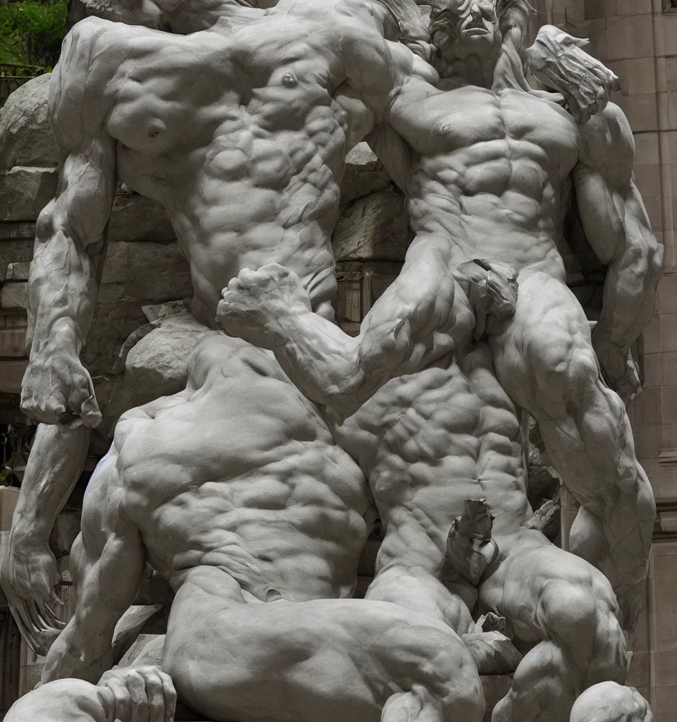 Prompt: a huge marble statue of wolverine by Rodin