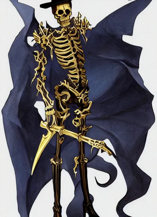 Image similar to DND character art, skeletal male figure, wearing a deep black suit!!! and tie and top hat, holding a gold! cane!. blue!!! flames!!