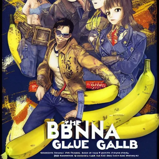 Image similar to The Banana Blue Gang, game poster printed on playstation 2 video game box , Artwork by Akihiko Yoshida, cinematic composition