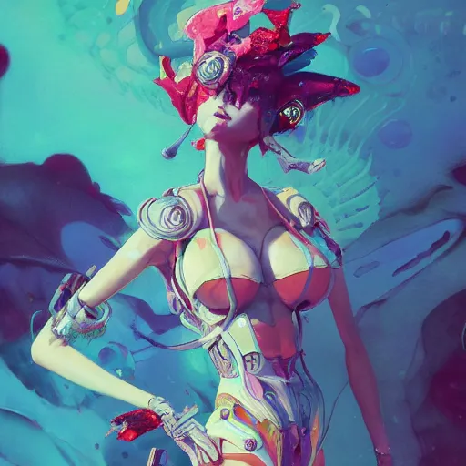 Image similar to surreal gouache painting, by yoshitaka amano, by ruan jia, by conrad roset, by kilian eng, by good smile company, detailed anime 3 d render of a pretty anime girl in bikini, portrait, cgsociety, artstation, modular patterned mechanical costume and headpiece, retrowave atmosphere