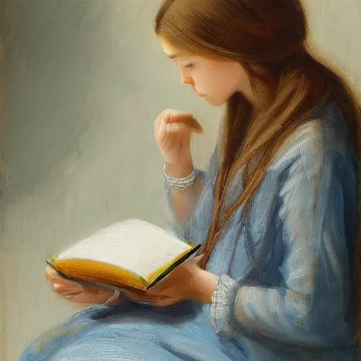 Prompt: a girl reading a book, her hair flowing down, subtle, intricate details, real masterpiece, oil on canvas, by li zangh